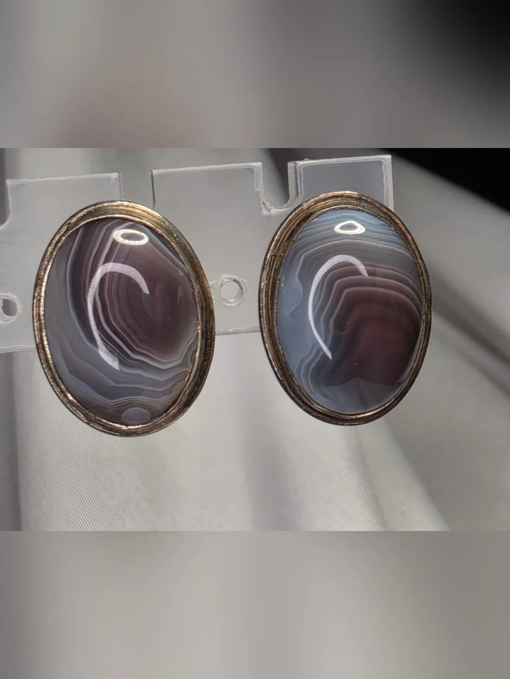 Sterling Silver Brown Band Agate Oval Earrings